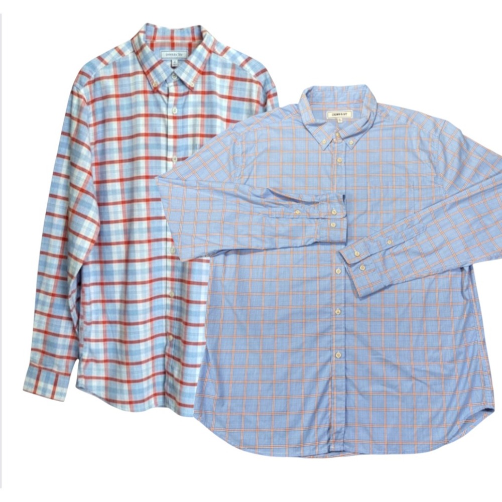 CROWN & IVY Men's Button-Up L/S Shirts LOT OF 2 Plaid Oxford Stretch Twill SZ L